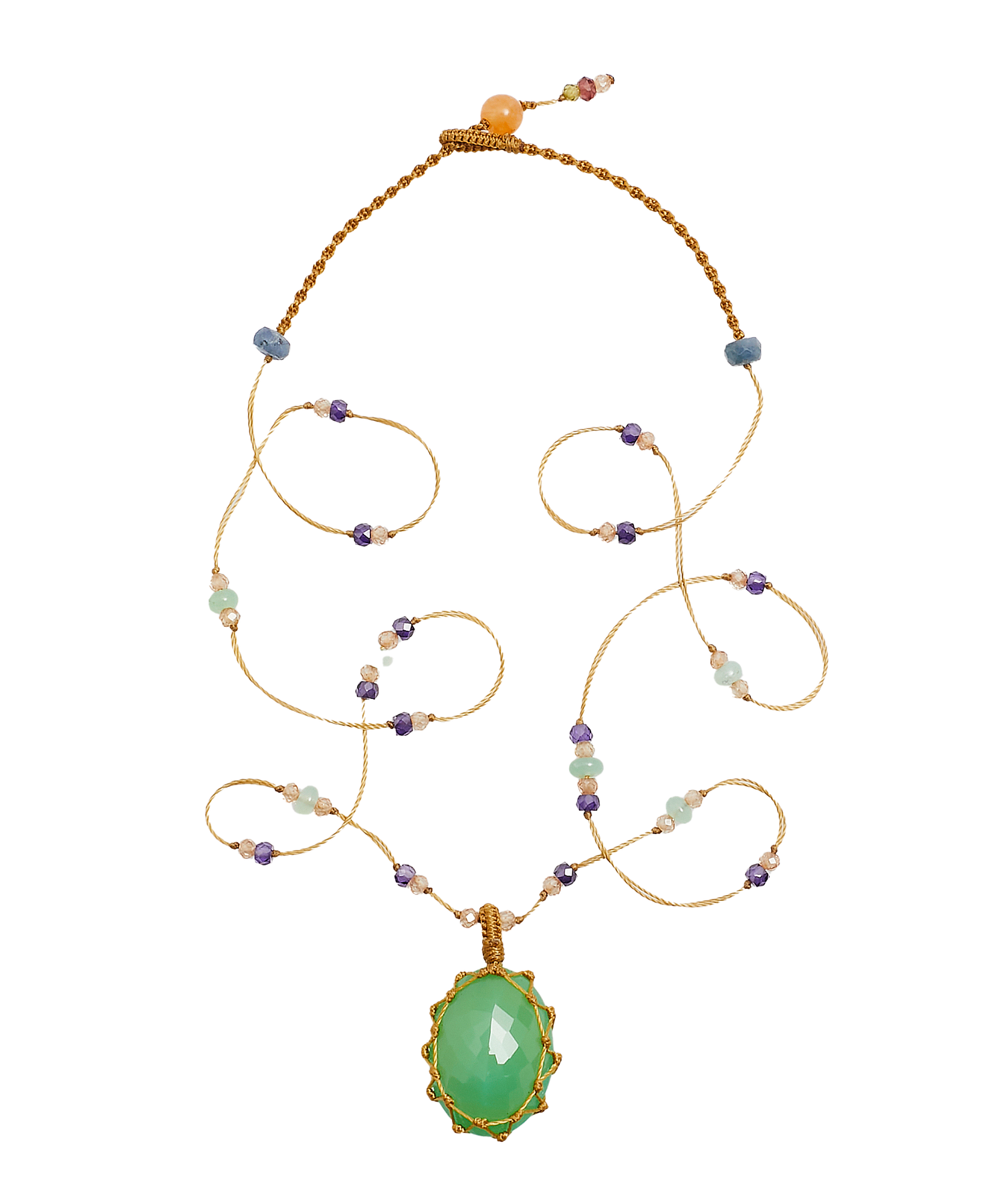 Collier Court Tibétain - Chrysoprase - Mix Chrysoprase & Purple - Fil Beige