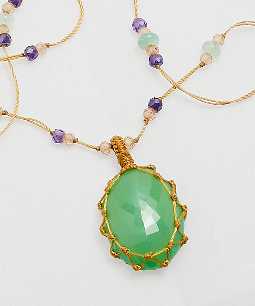 Collier Court Tibétain - Chrysoprase - Mix Chrysoprase & Purple - Fil Beige