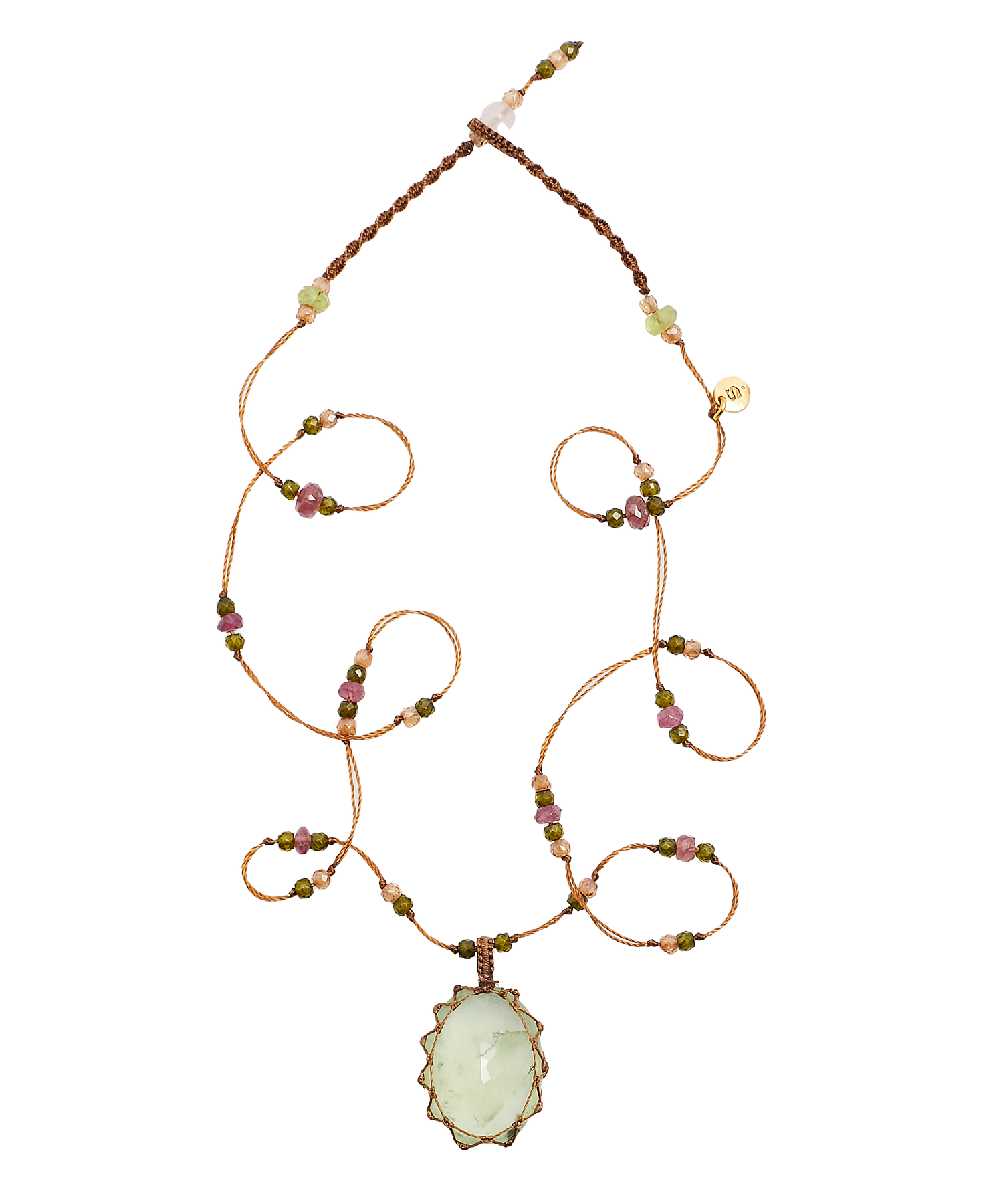 Collier Court Tibétain - Prehnite Rutile  - Mix Tourmaline - Fil Tabac