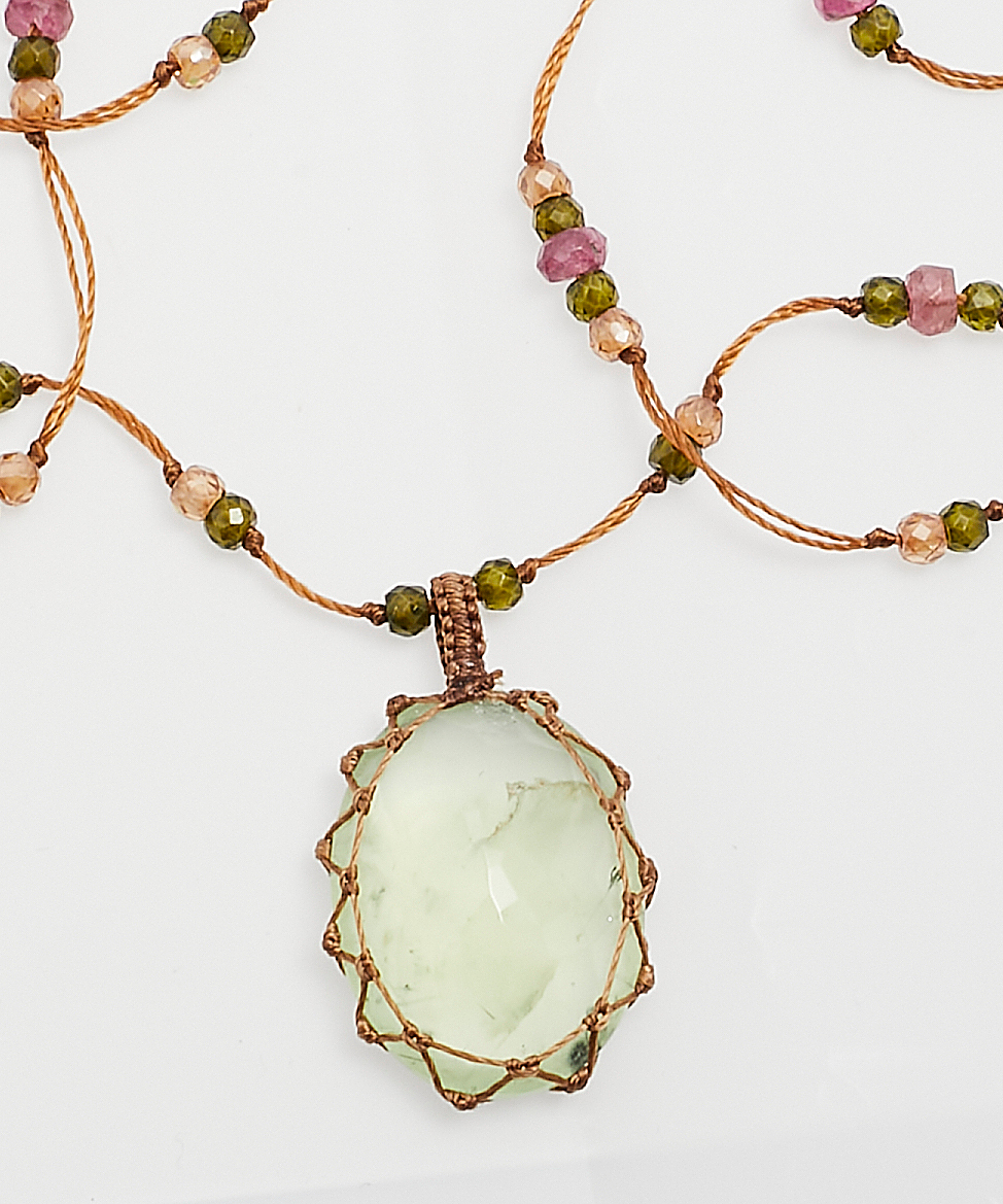 Collier Court Tibétain - Prehnite Rutile  - Mix Tourmaline - Fil Tabac