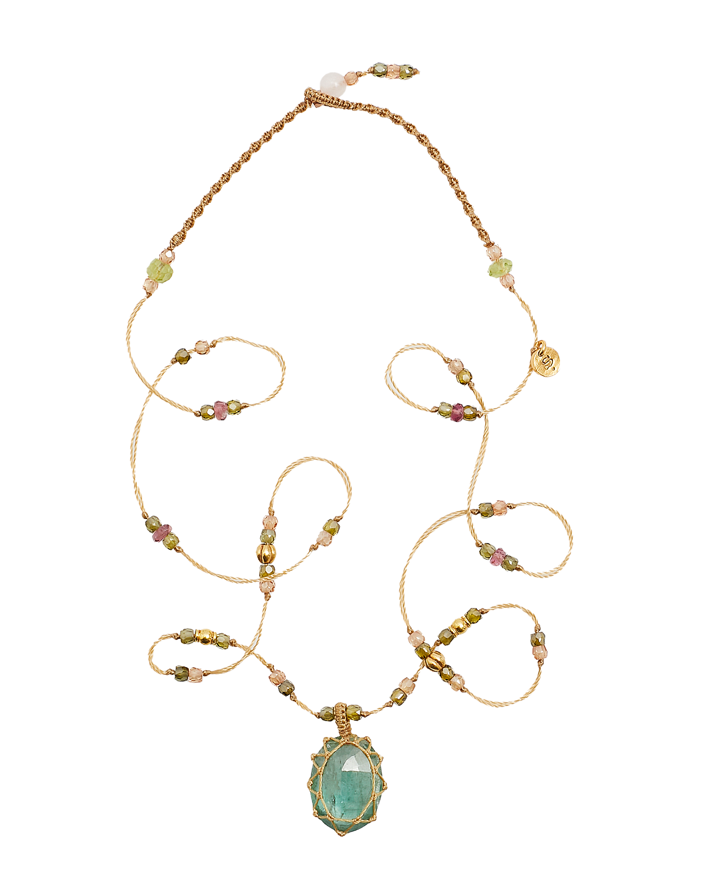 So Precious Short Tibetan Necklace - Emerald Kyanite - Mix Pink Tourmaline - Beige Thread