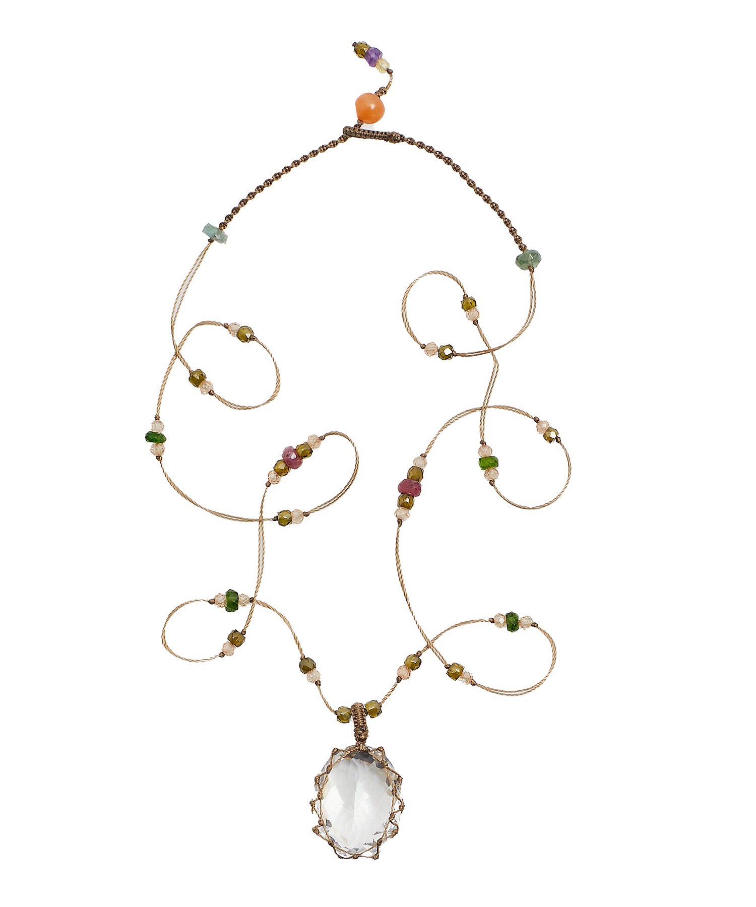 Collier Court Tibétain - Crystal Quartz - Mix Tourmaline Rose - Fil Beige