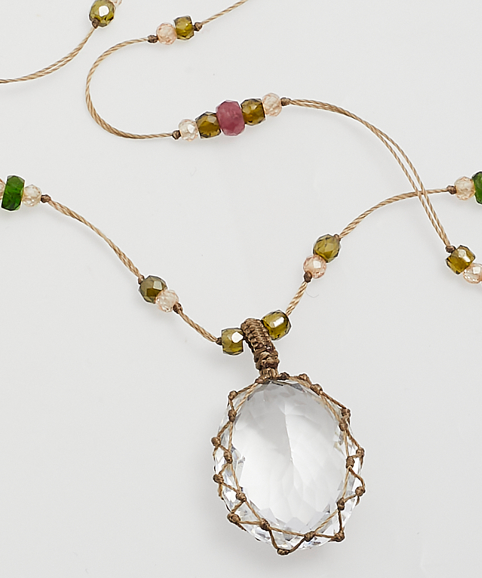 Collier Court Tibétain - Crystal Quartz - Mix Tourmaline Rose - Fil Beige