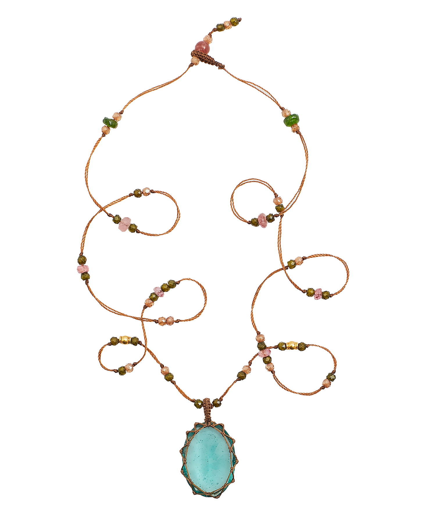 Collana tibetana corta così preziosa - Fluorite blu - Mix di tormaline rosa - Filo beige