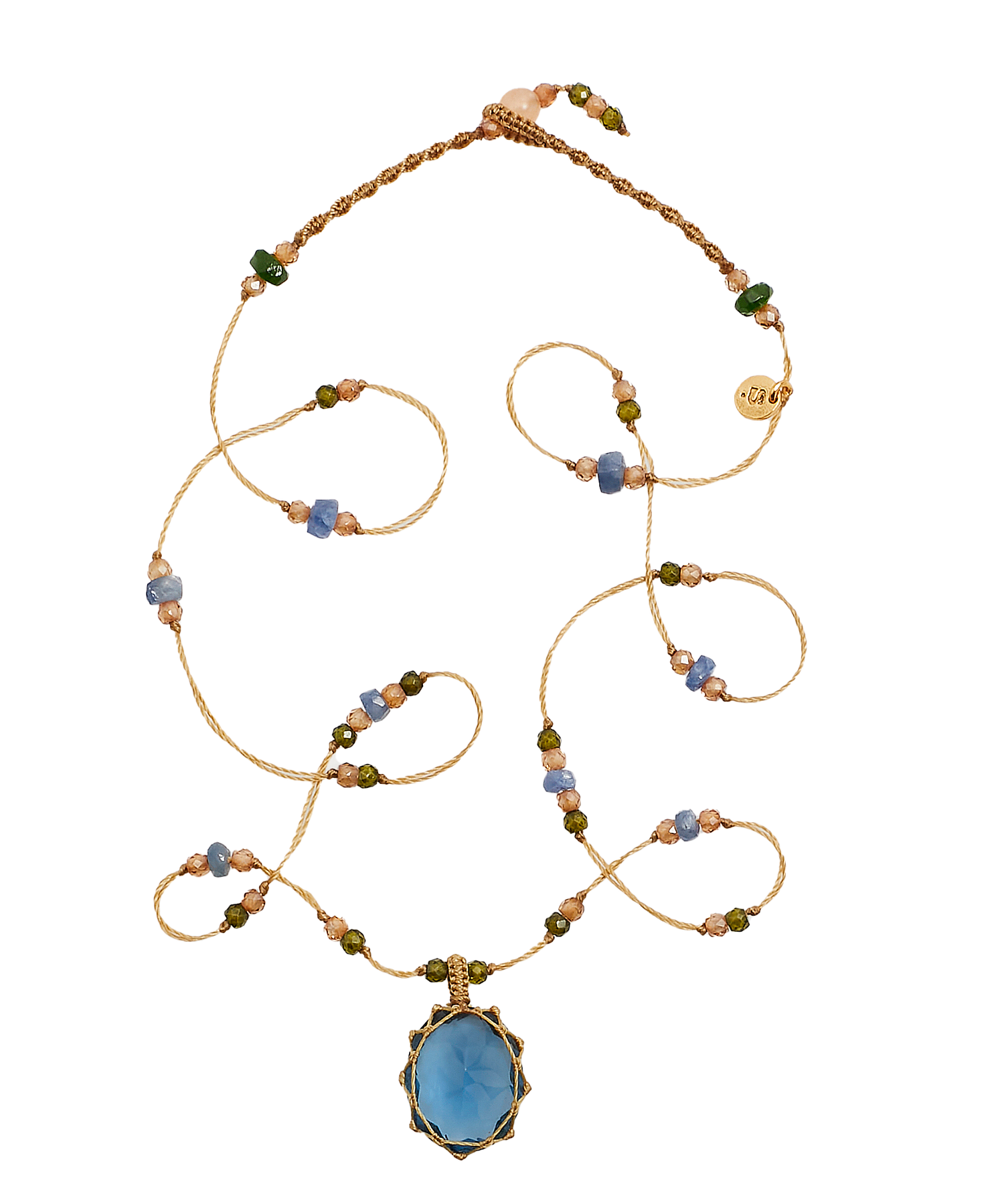 Collier Court Tibétain - Indian Glass Tanzanite - Mix Saphir - Fil Beige