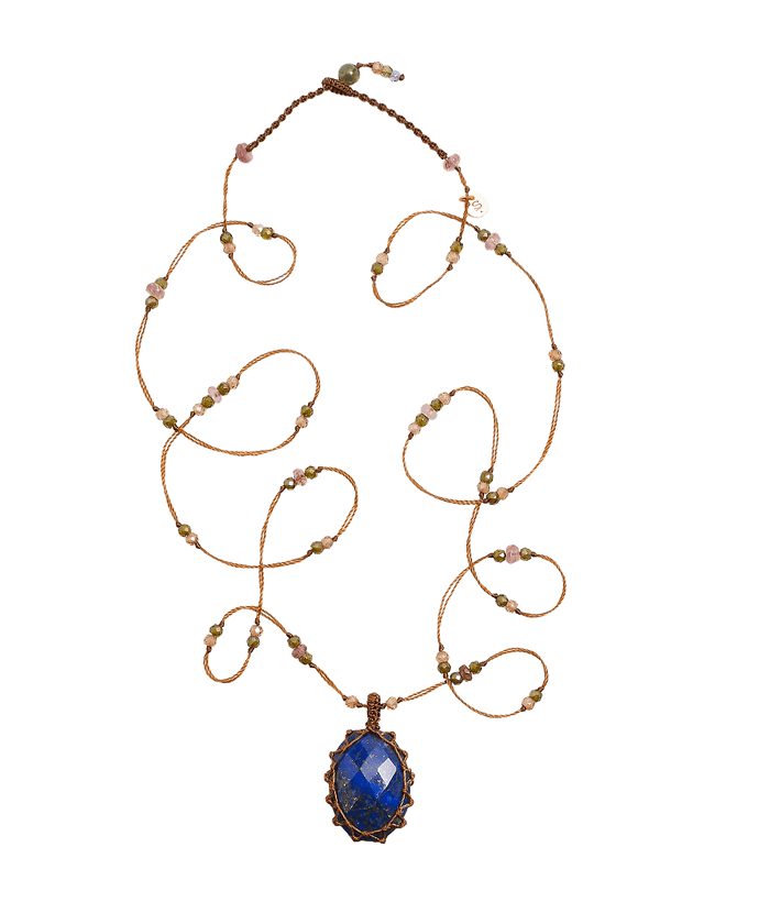 Long Tibetan Necklace - Lapis Lazuli - Mixed Tourmaline - Tobacco Thread