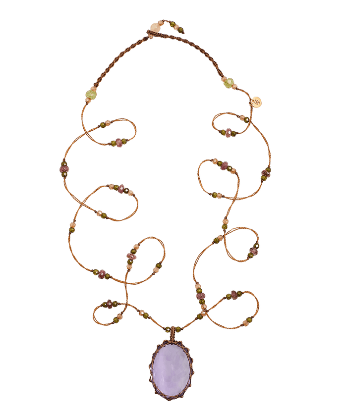 Collana Lunga Tibetana - Ametista Viola Scuro - Mix Tsavorite - Filo di Tabacco