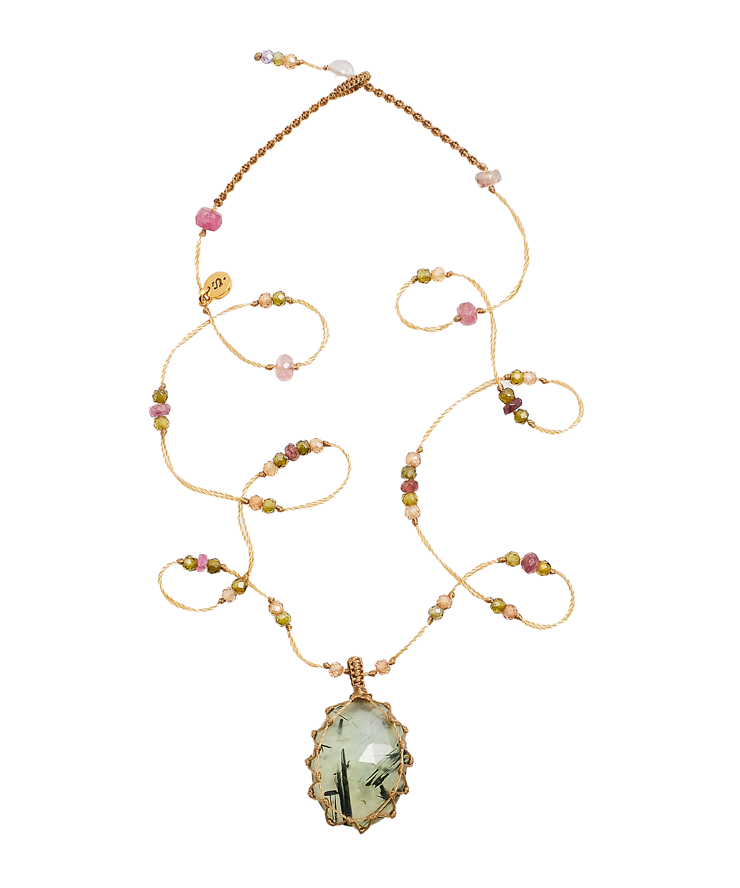 Collier Court Tibétain - Prehnite Rutile  - Mix Tourmaline - Fil Beige