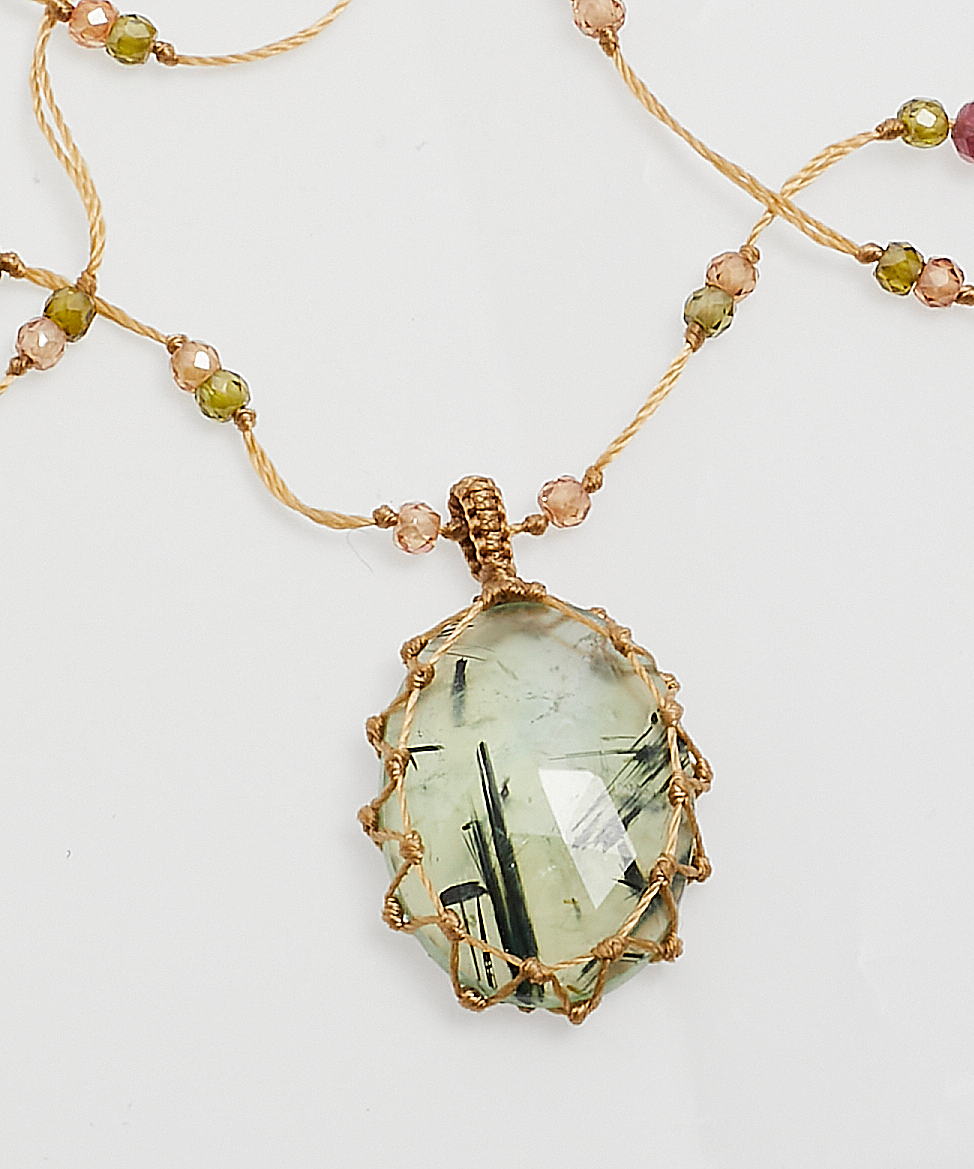 Collier Court Tibétain - Prehnite Rutile  - Mix Tourmaline - Fil Beige