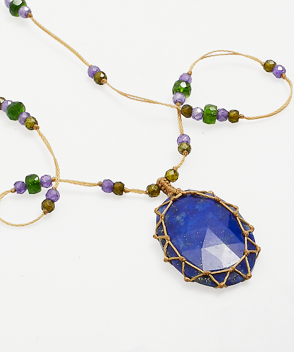 Sautoir Tibétain - Lapis Lazuli - Mix Tsavorite - Fil Beige