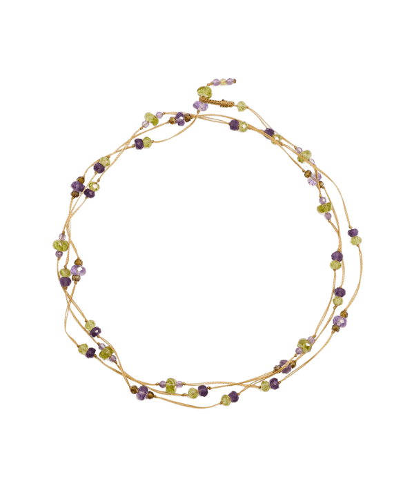 Collier & Bracelet Laly Duo - Péridot & Améthyste - Fil Beige
