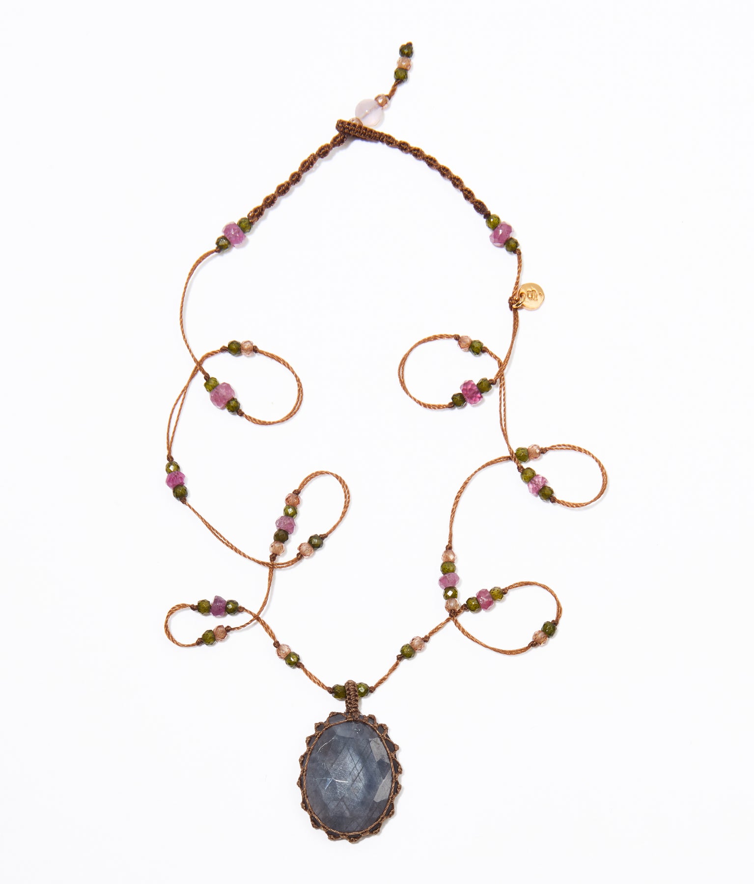 Tibetan Short Necklace - Blue Corundum - Emerald Mix - Tobacco Thread