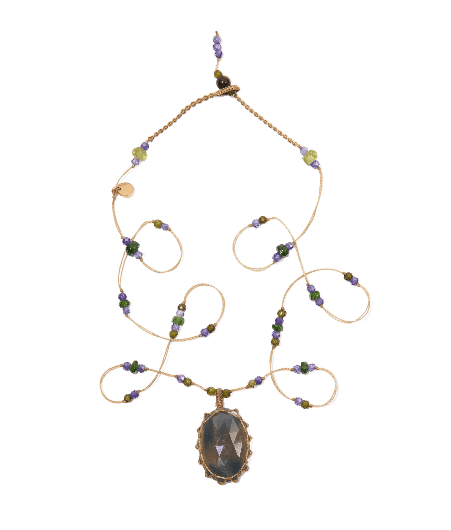 Collier Court Tibétain - Corundum Marron - Mix Tsavorite - Fil Beige