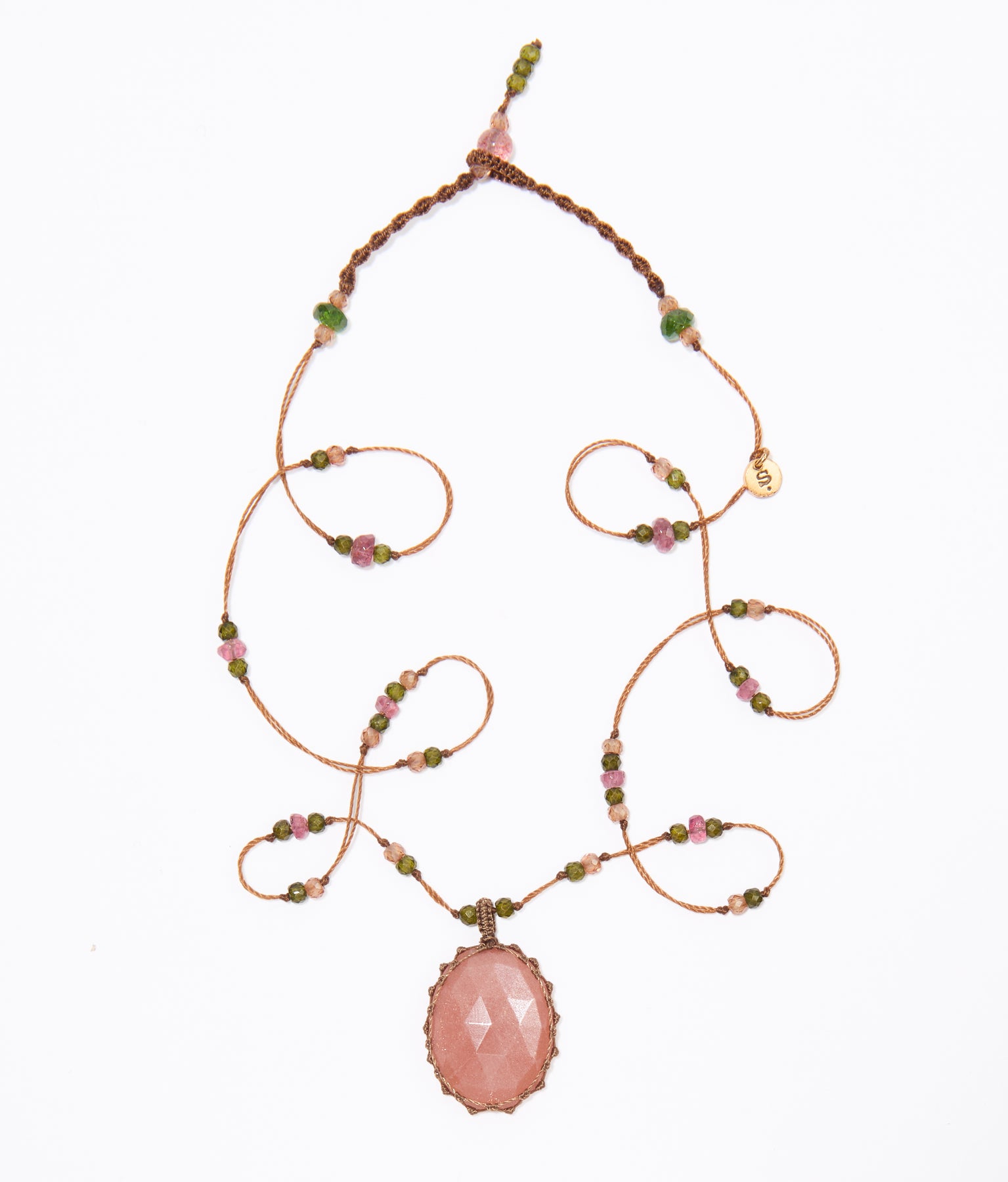 Collier Court Tibétain - Peach Moonstone - Mix Tourmaline Rose - Fil Tabac