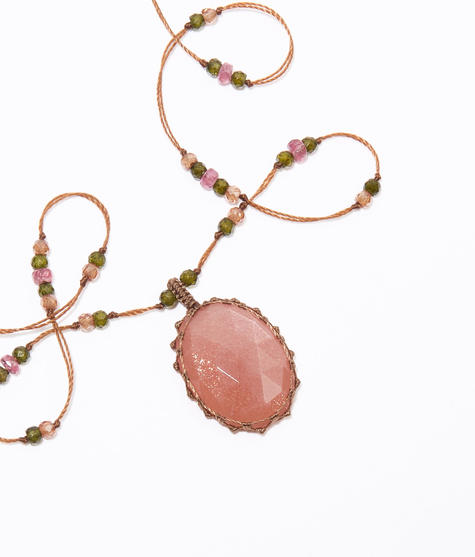 Collier Court Tibétain - Peach Moonstone - Mix Tourmaline Rose - Fil Tabac