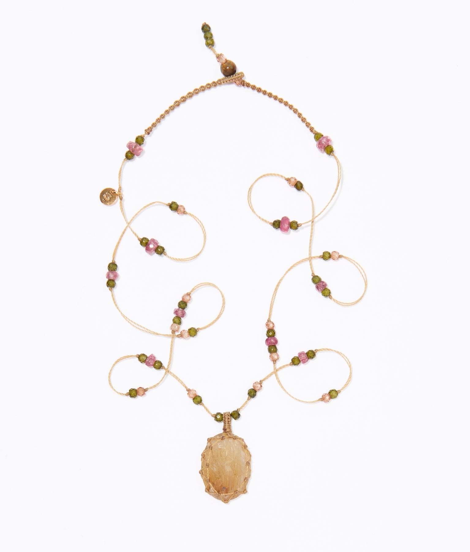 Collier Court Tibétain - Quartz Rutile Or - Mix Tourmaline Rose - Fil Beige