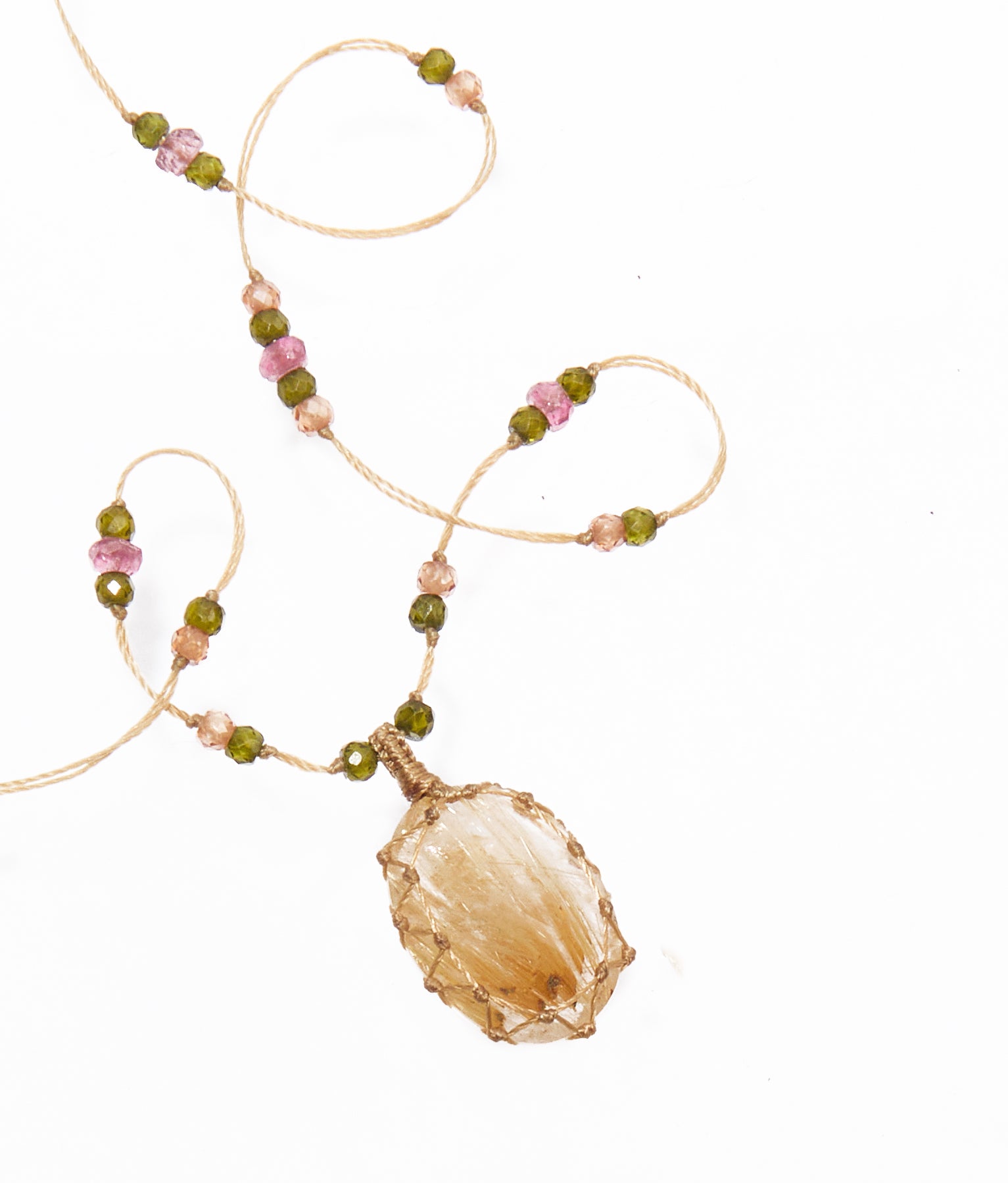 Collana corta tibetana - Quarzo rutilato dorato - Tormalina rosa mista - Filo beige