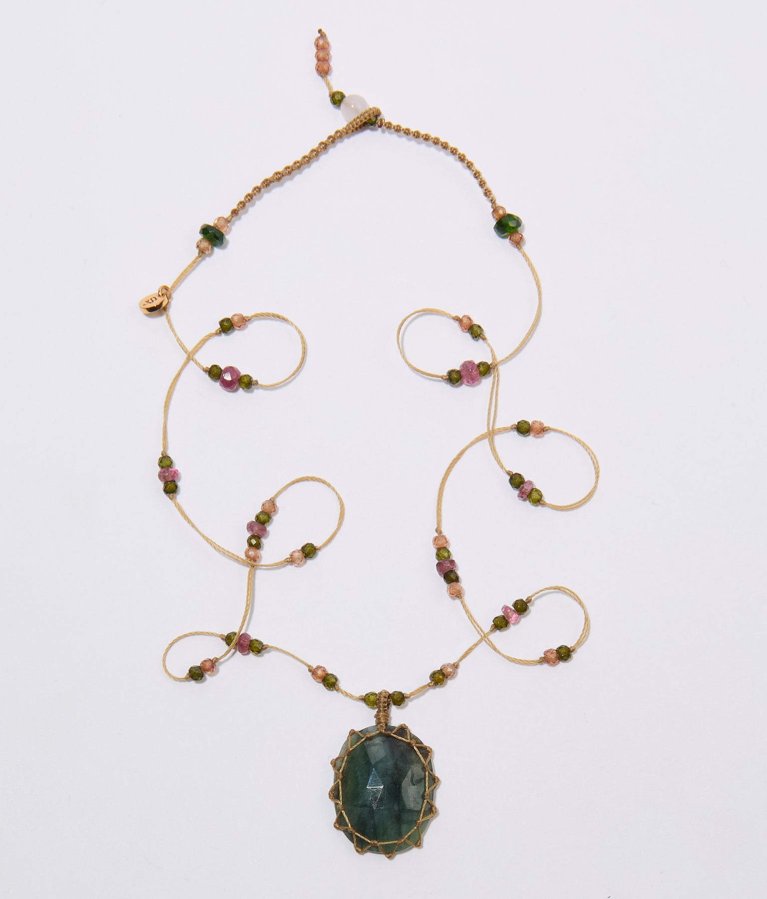 Short Tibetan Necklace - Green Corundum - Mix Tsavorite - Beige Thread