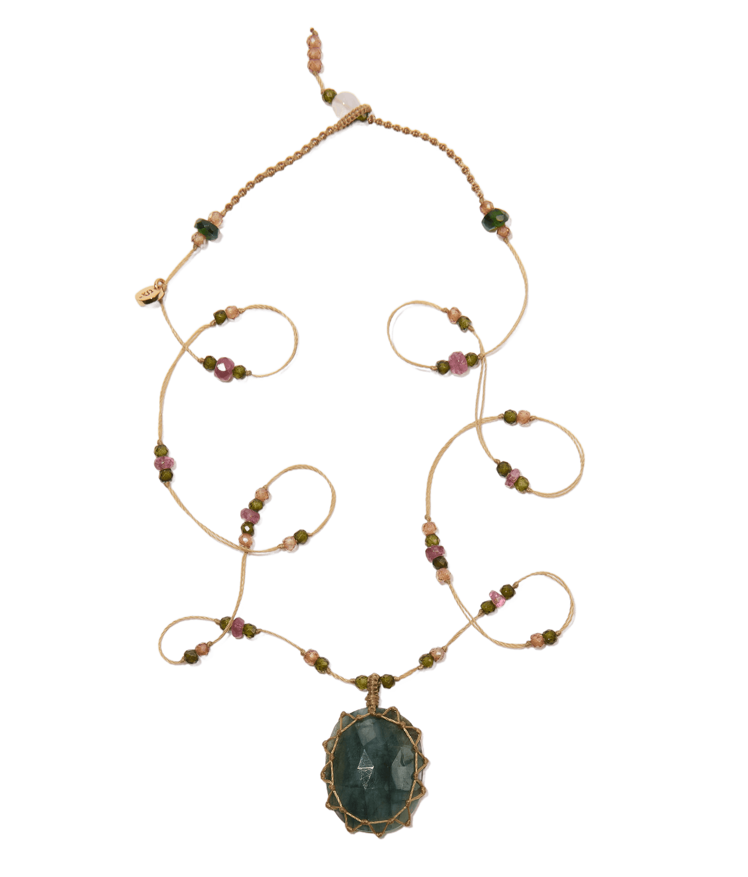 Collier Court Tibétain - Émeraude - Mix Tourmaline Rose - Fil Beige