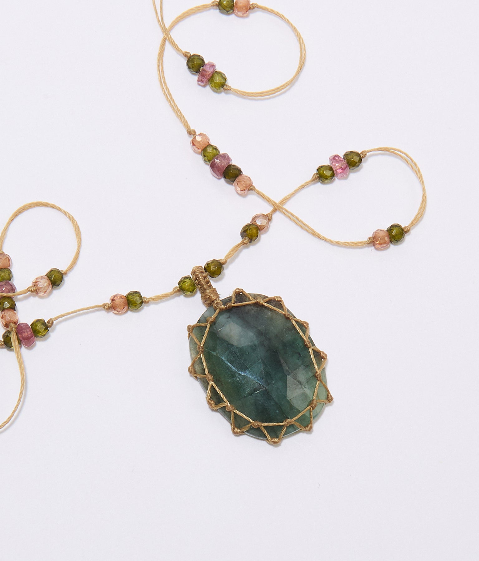 Short Tibetan Necklace - Emerald - Mix Pink Tourmaline - Tobacco Thread