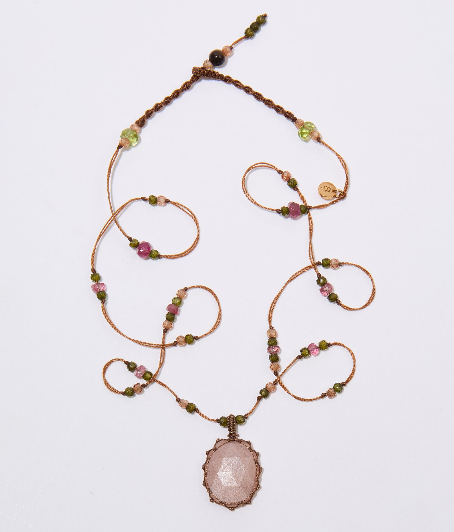 Collier Court Tibétain - Peach Moonstone - Mix Tourmaline Rose - Fil Tabac