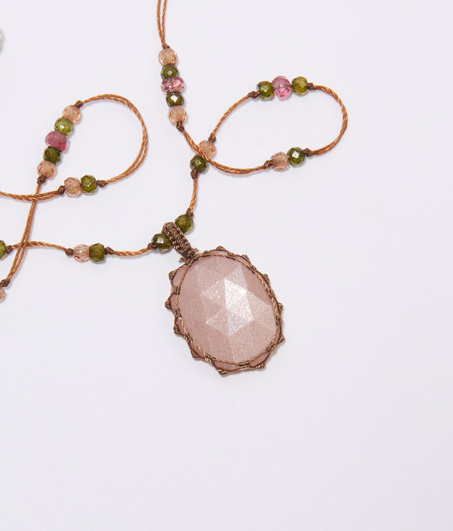 Collier Court Tibétain - Peach Moonstone - Mix Tourmaline Rose - Fil Tabac