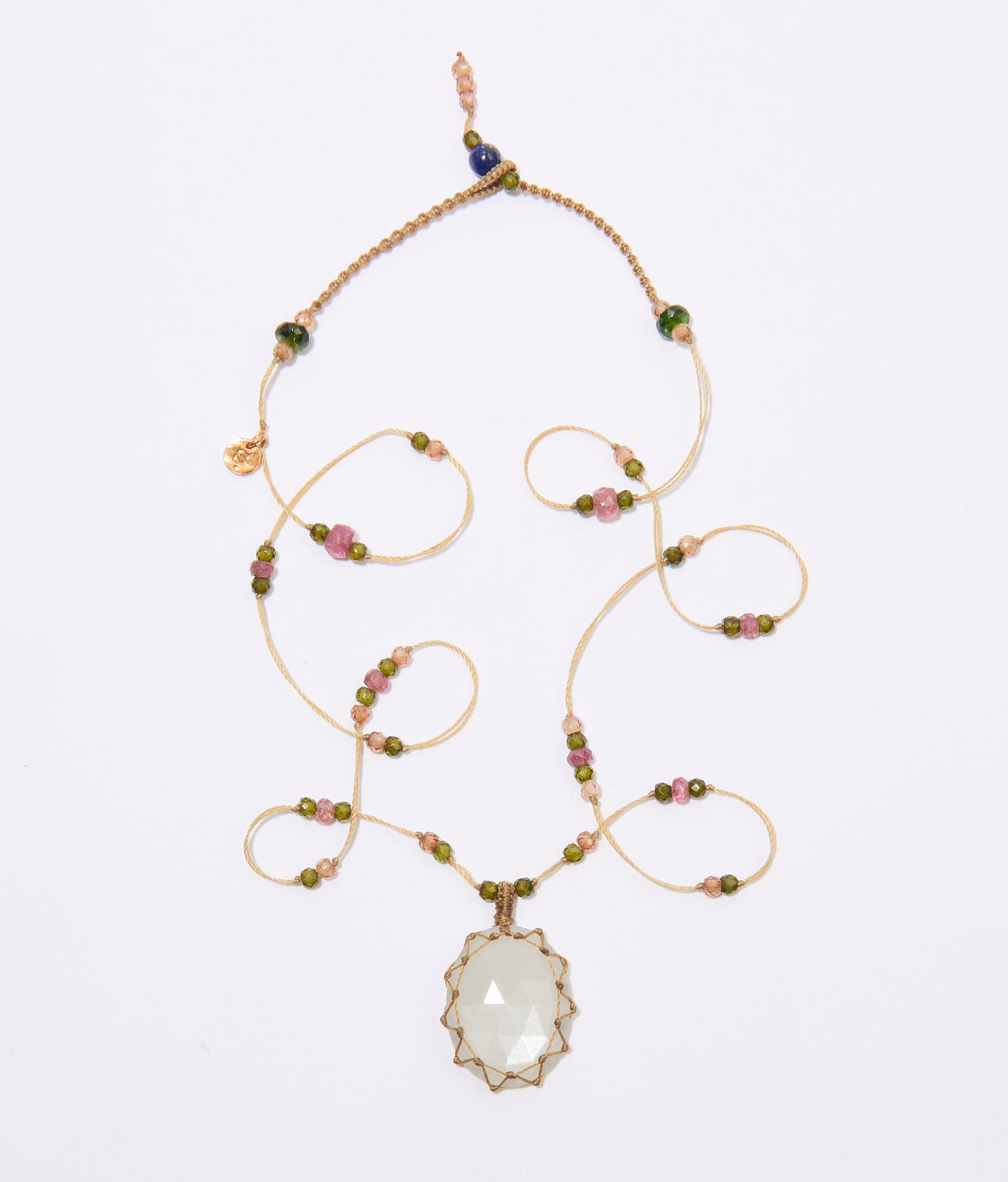 Collier Court Tibétain - Pierre de Lune - Mix Tourmaline Rose - Fil Beige