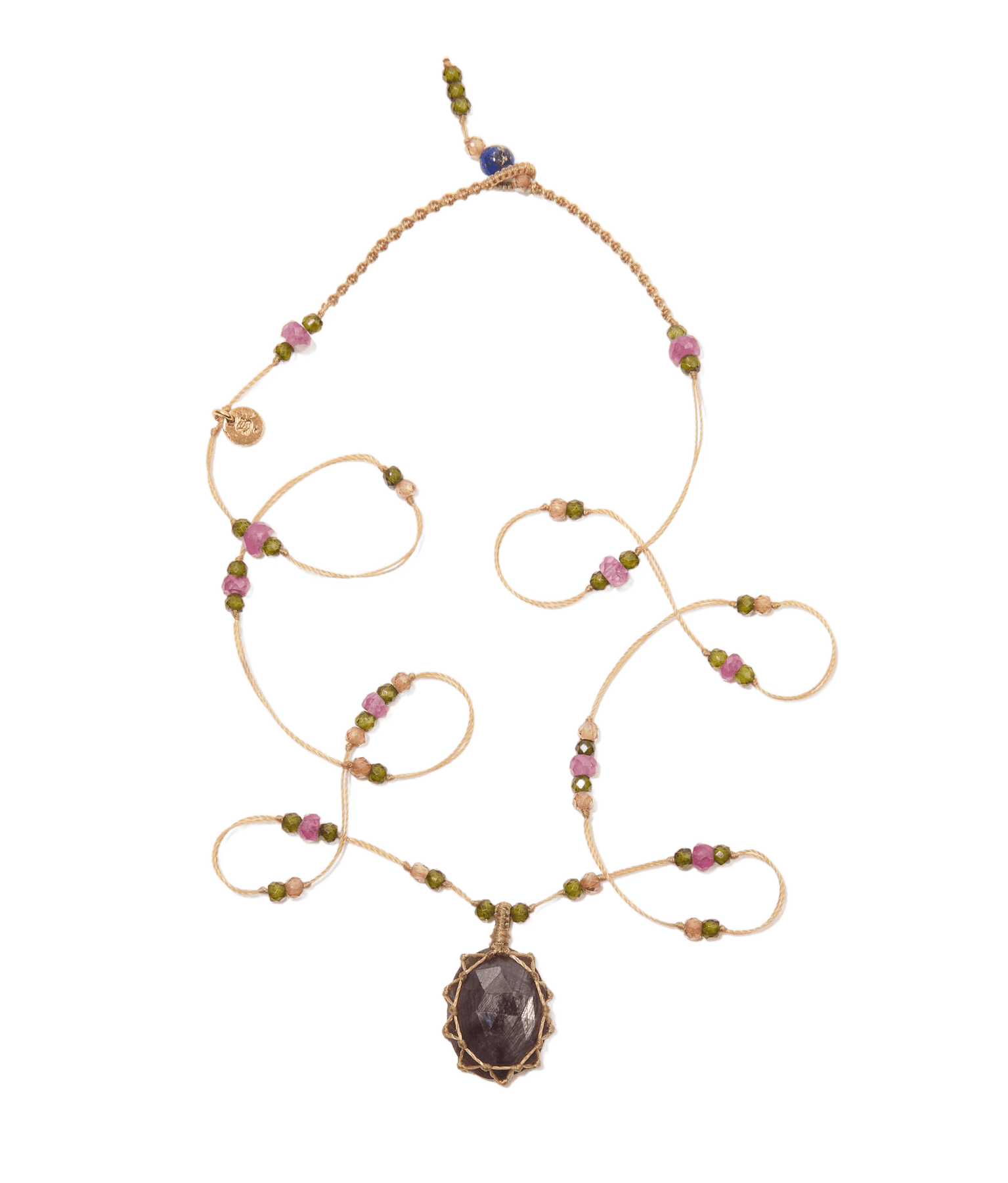 Collier Court Tibétain - Corundum Marron - Mix Tourmaline - Fil Beige