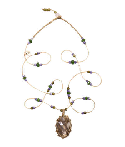 Short Tibetan Necklace - Brown Corundum - Tsavorite Mix - Beige Thread