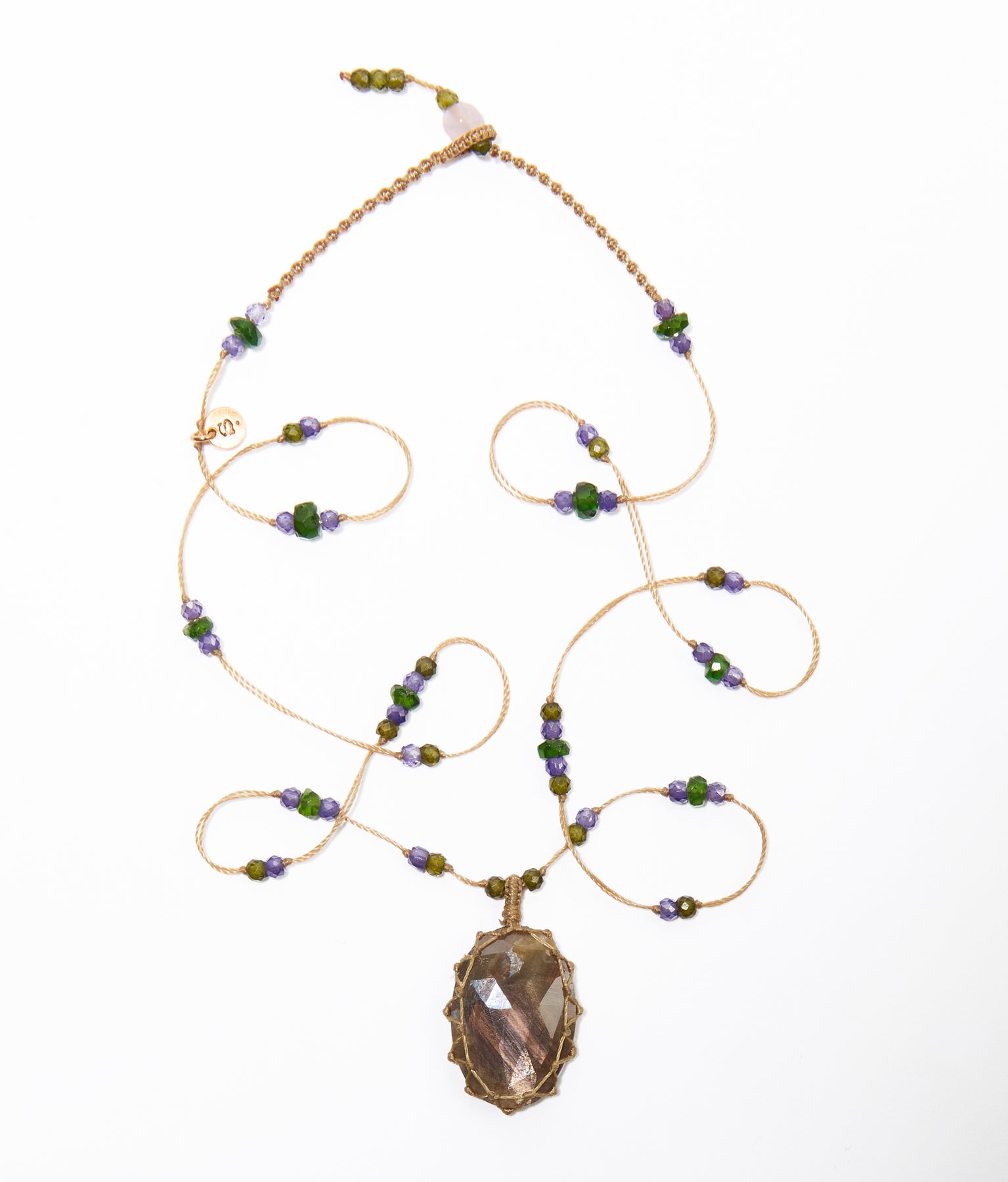 Short Tibetan Necklace - Green Corundum - Mix Tsavorite - Beige Thread