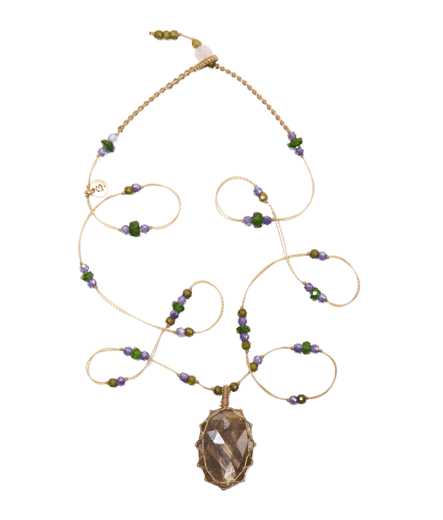 Collier Court Tibétain - Corundum Marron- Mix Tsavorite - Fil Beige
