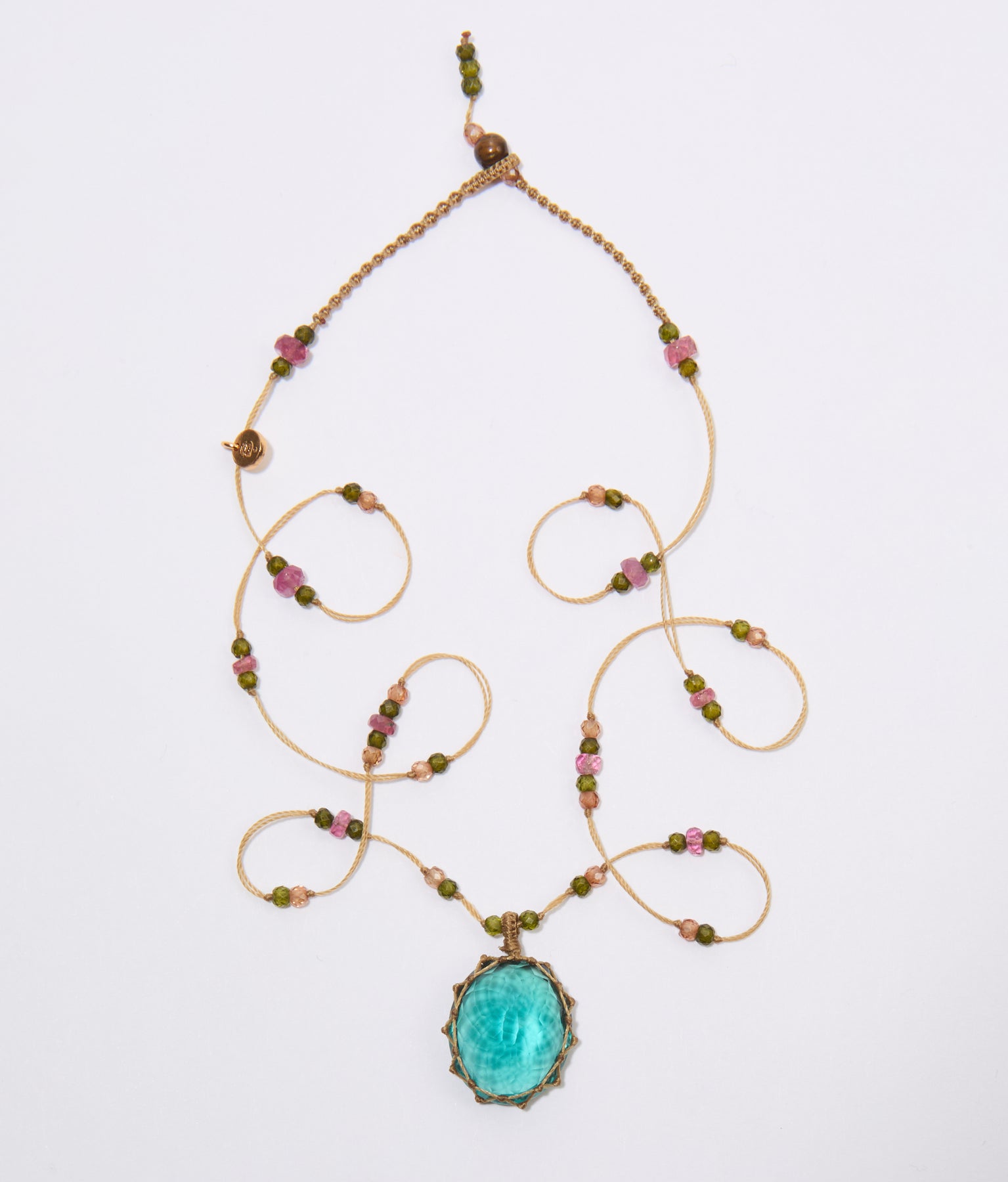 Tibetan Short Necklace - Blue Fluorite - Emerald Mix - Beige Thread