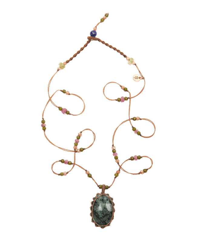 Collier Court Tibétain - Smaragd - Mix Turmalin - Tabakfarbenes Band