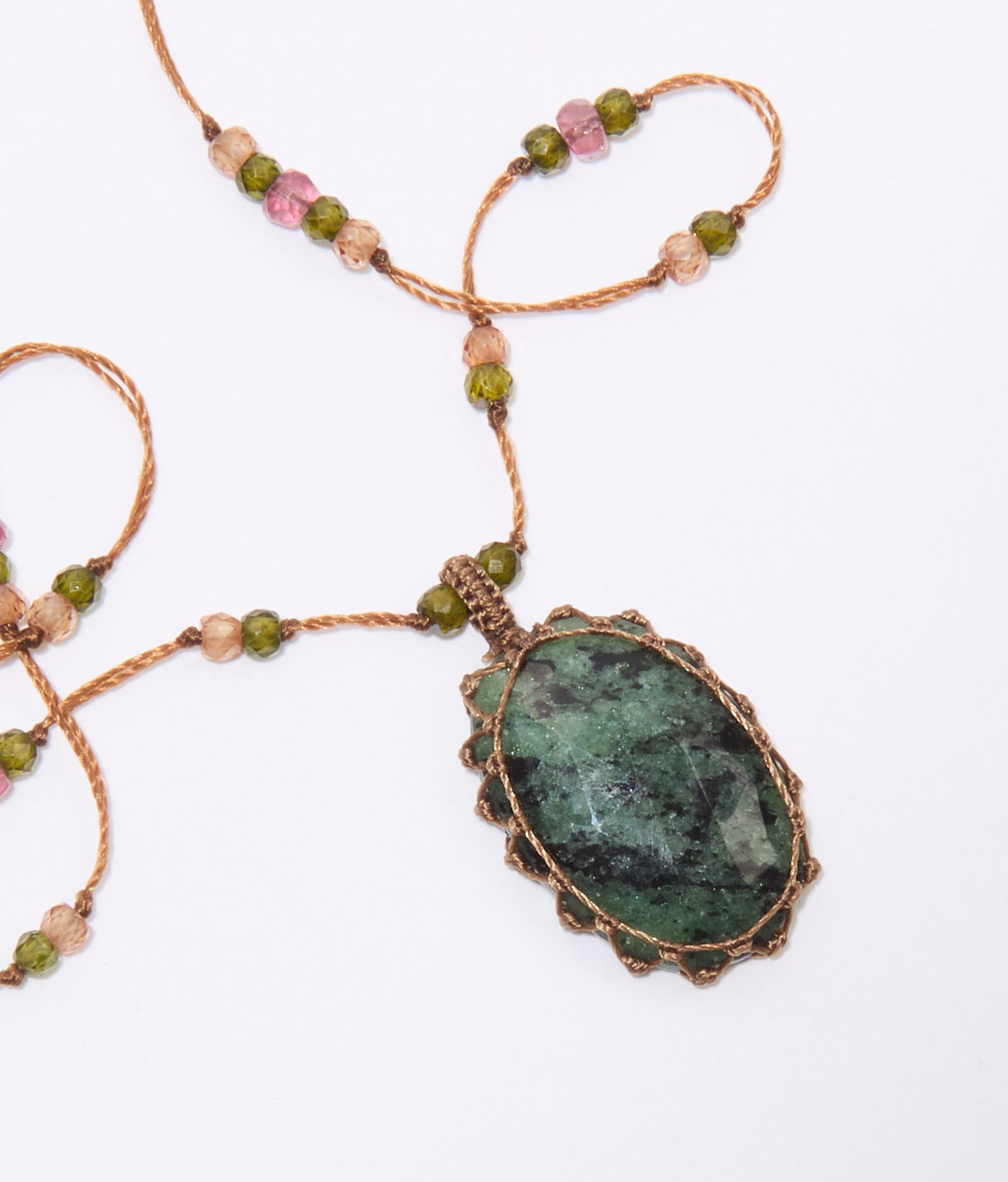 Tibetan Short Necklace - Ruby Zoisite - Mix Tsavorite - Tabac Thread