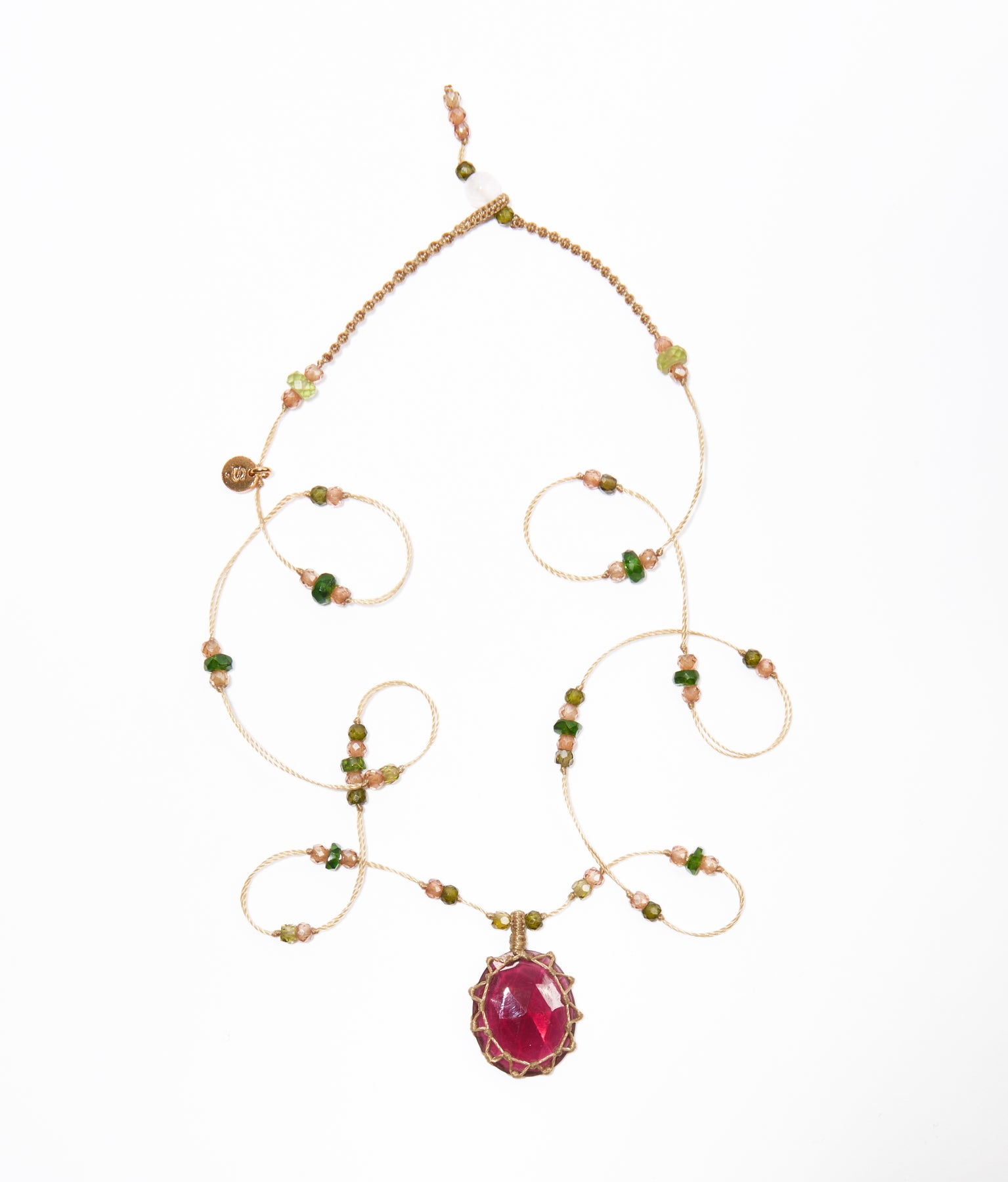 Collier Court Tibétain - Rhodolite - Mix Tsavorite - Fil Beige