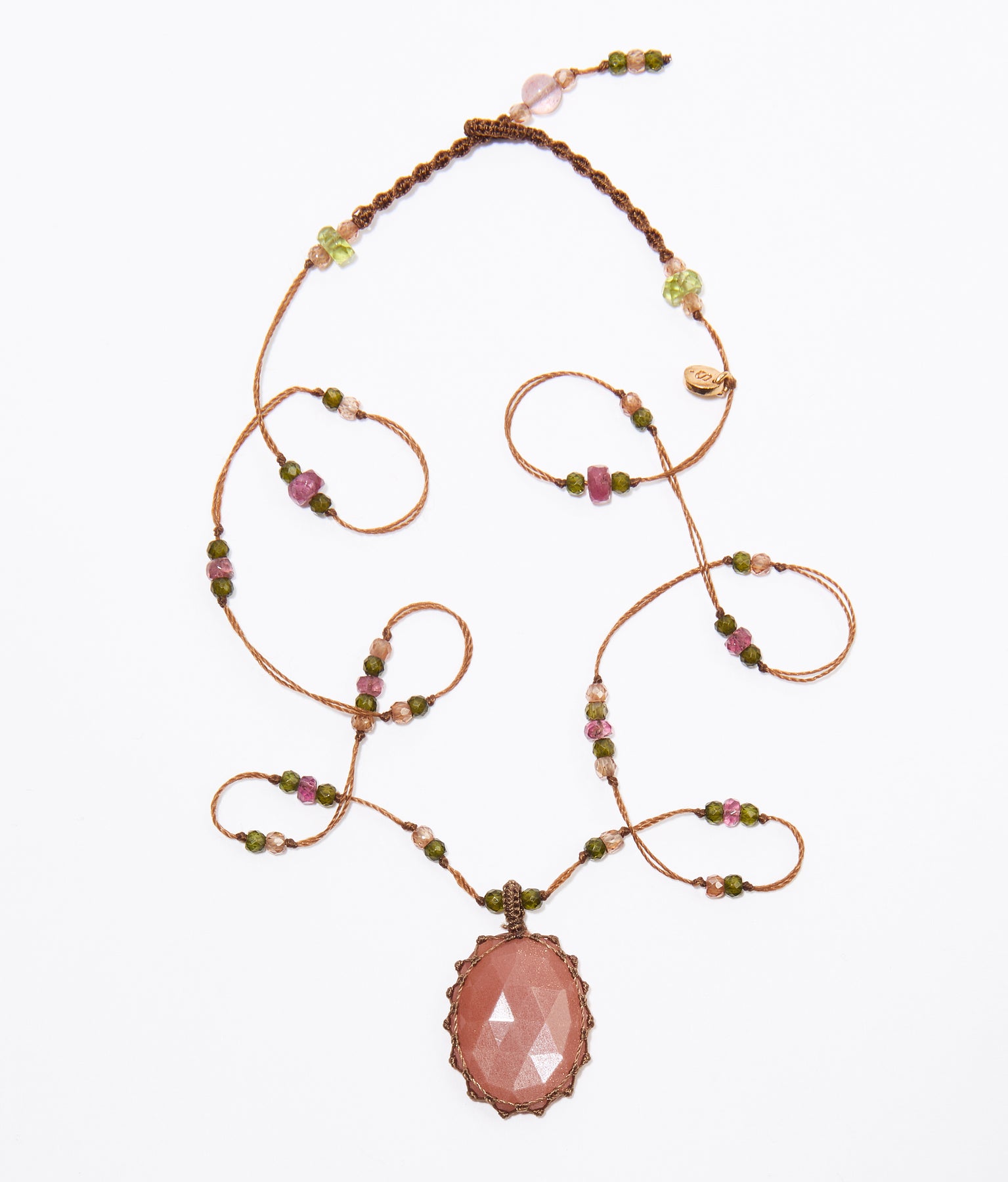 Collier Court Tibétain - Peach Moonstone - Mix Tourmaline Rose - Fil Tabac