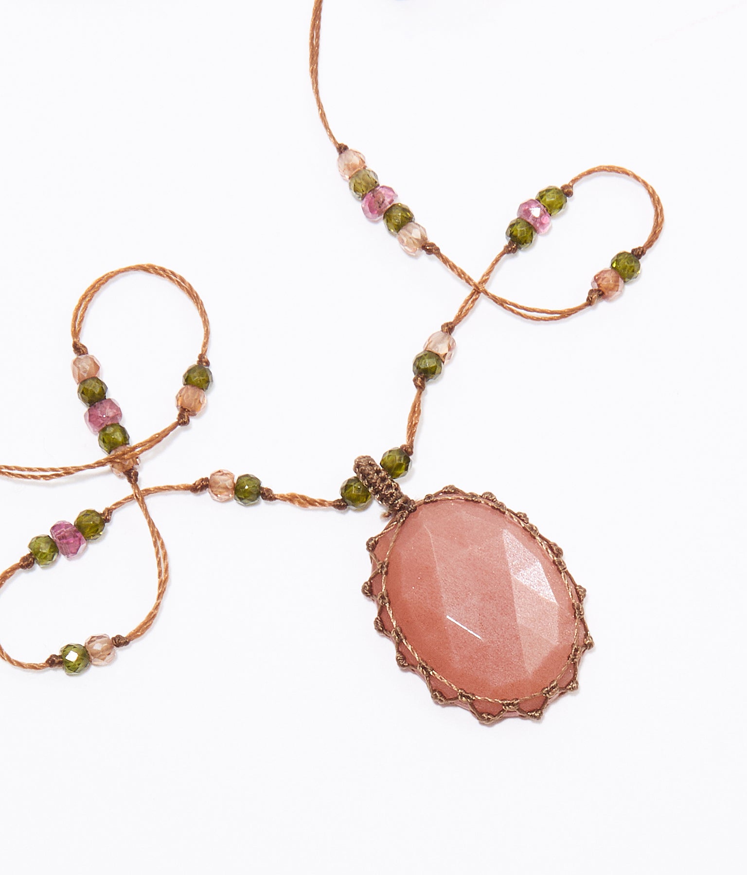 Collier Court Tibétain - Peach Moonstone - Mix Tourmaline Rose - Fil Tabac