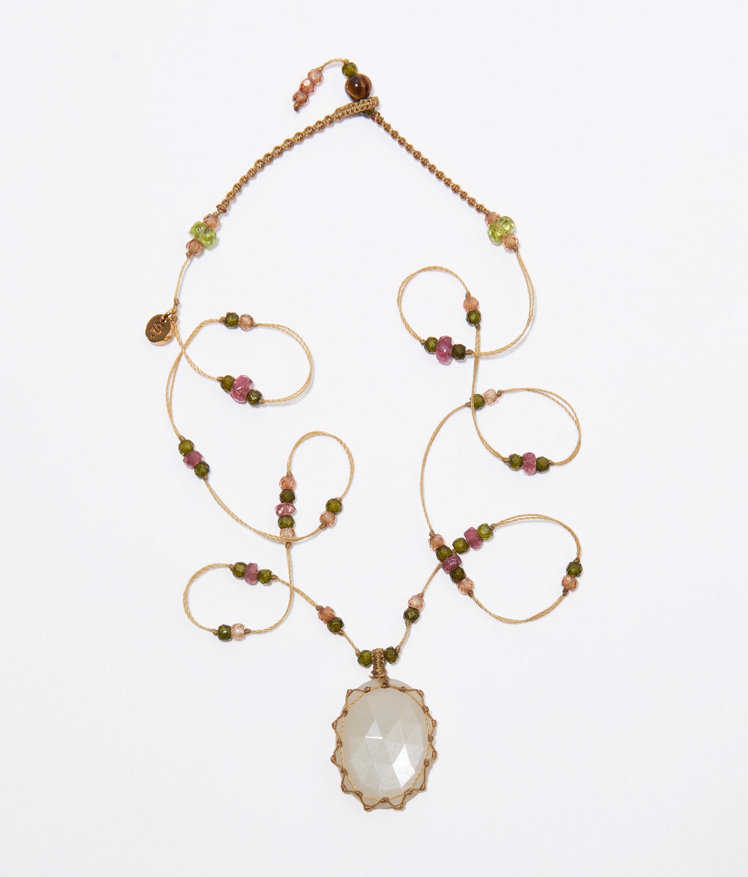 Collier Court Tibétain - Pierre de Lune - Mix Tourmaline Rose - Fil Beige