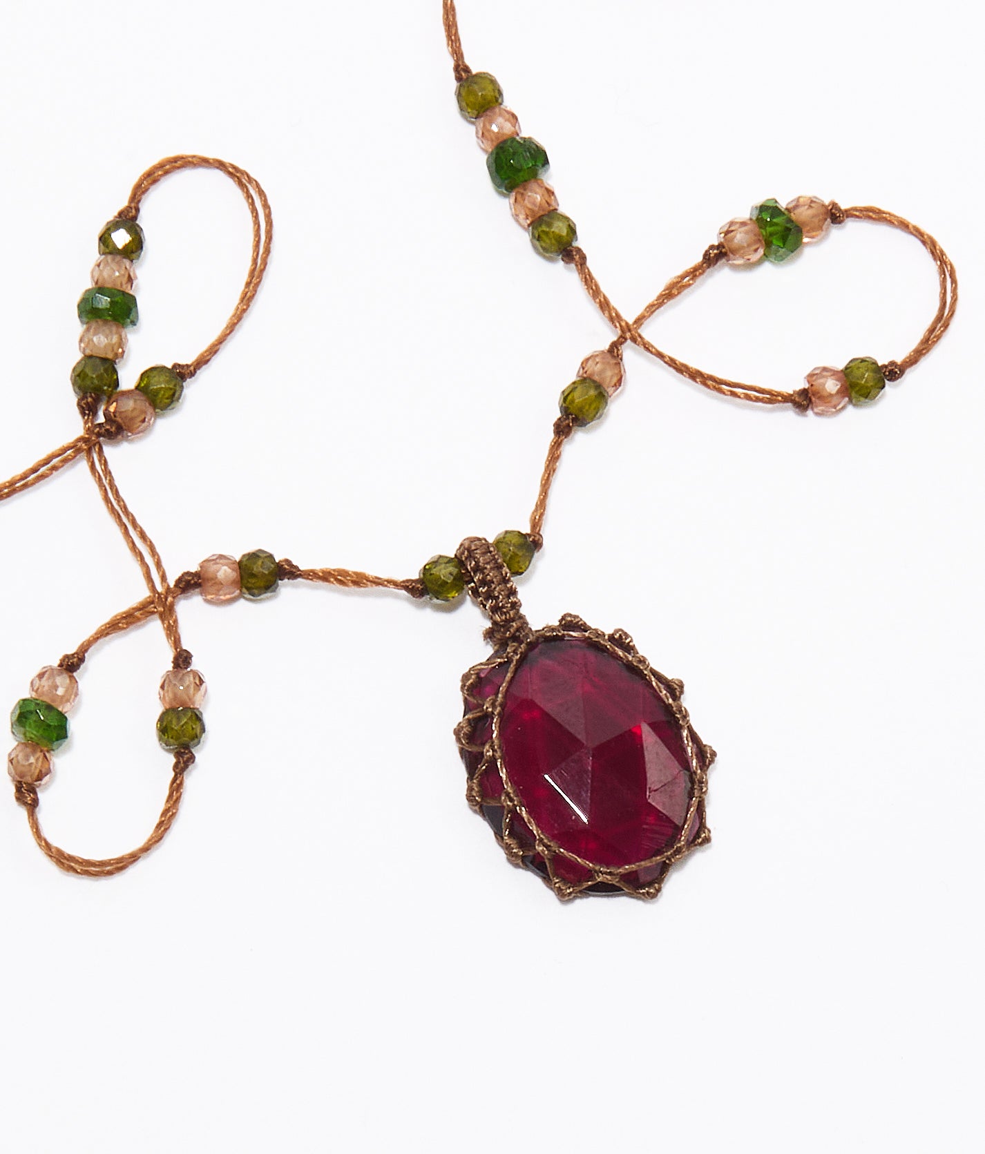 So Precious Short Tibetan Necklace - Glassfilled Rose - Mix Pink Tourmaline - Tobacco Thread