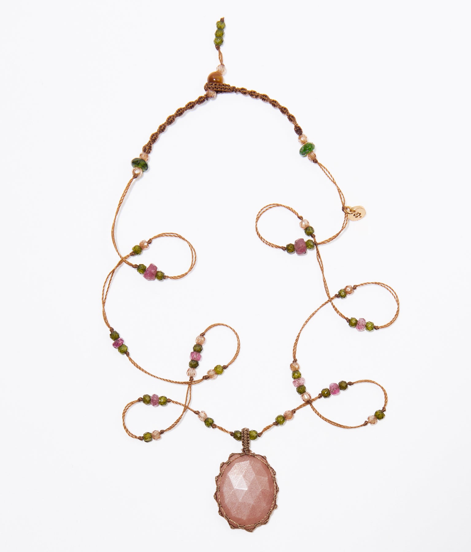 Collier Court Tibétain - Peach Moonstone - Mix Tourmaline Rose - Fil Tabac