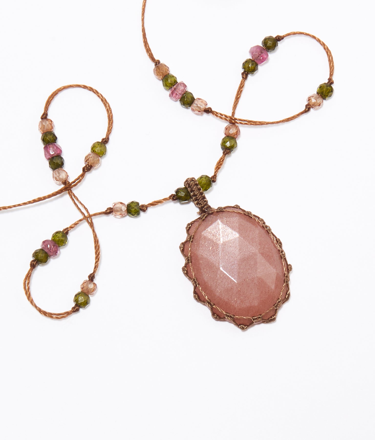 Collier Court Tibétain - Peach Moonstone - Mix Tourmaline Rose - Fil Tabac