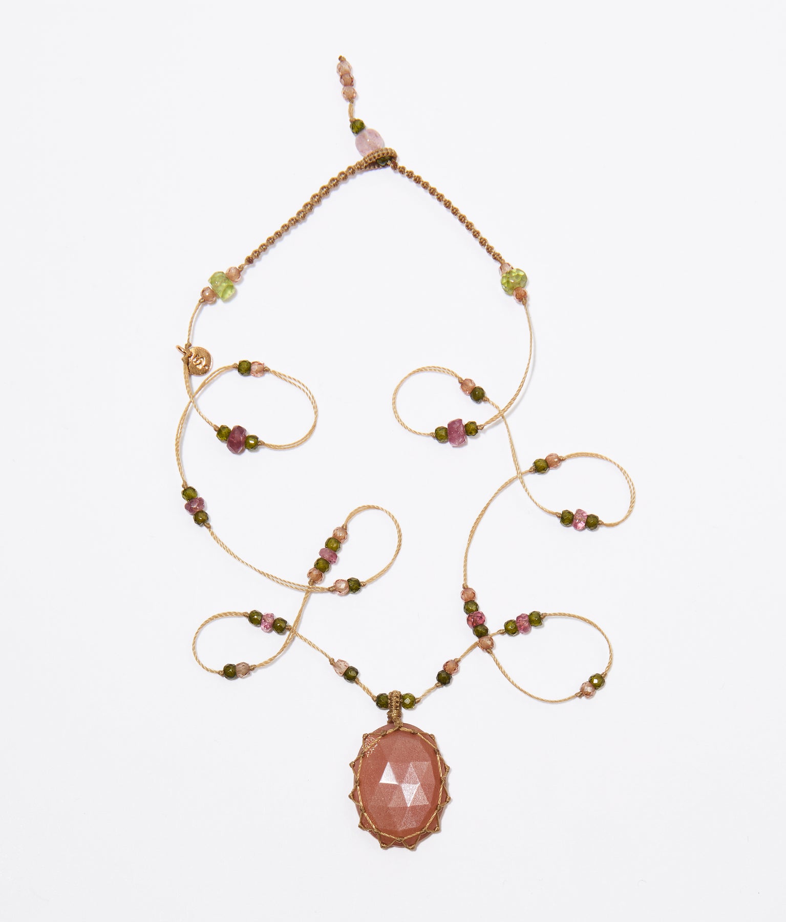 Collier Court Tibétain - Peach Moonstone - Mix Tourmaline Rose - Fil Beige