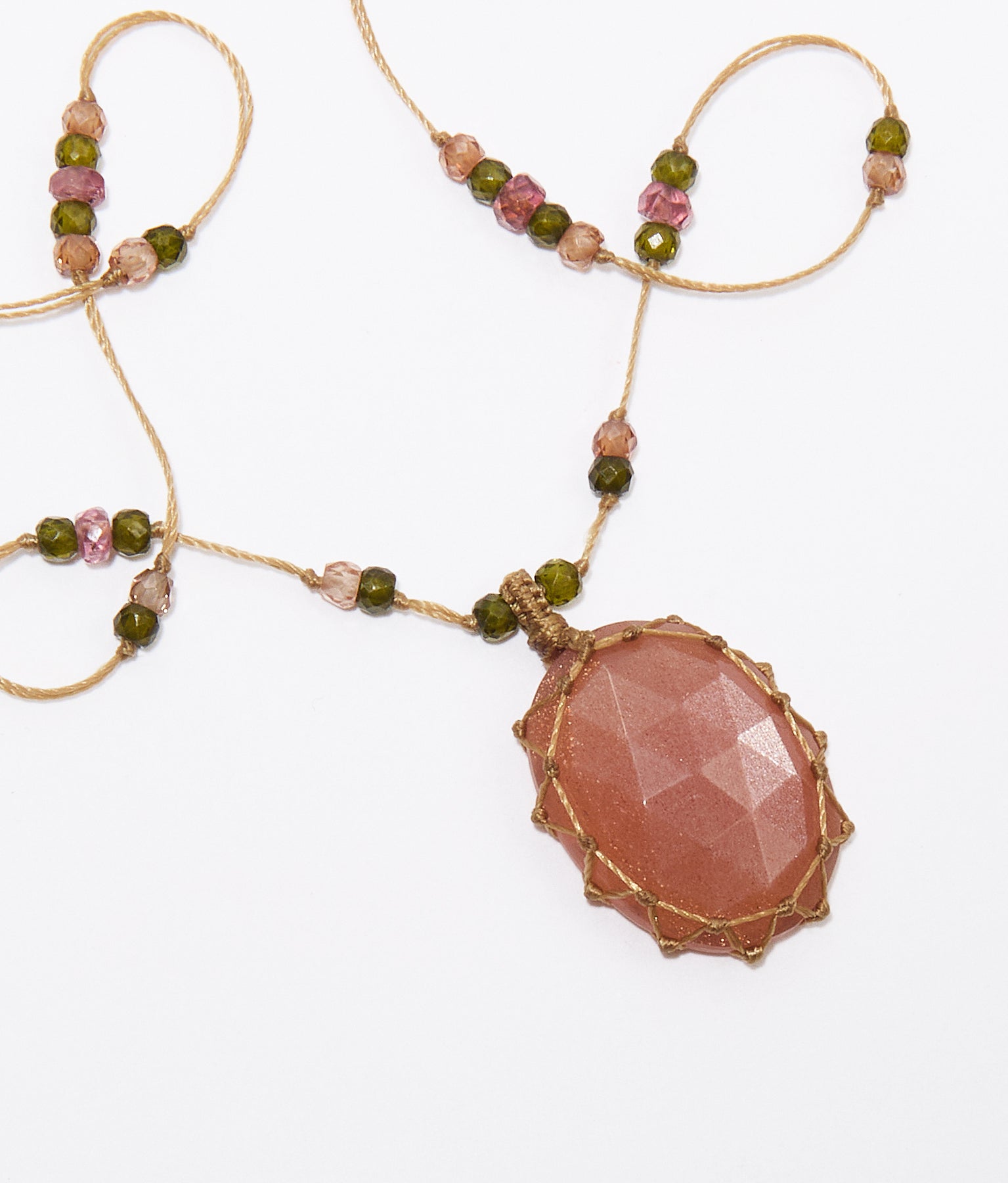 Collier Court Tibétain - Peach Moonstone - Mix Tourmaline Rose - Fil Beige