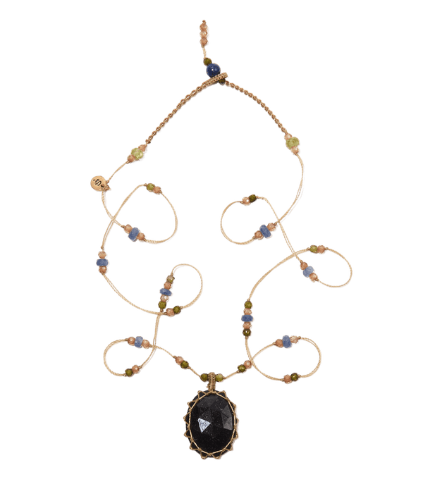 Collier Court Tibétain - Black Tourmaline - Mix Saphir - Fil Beige