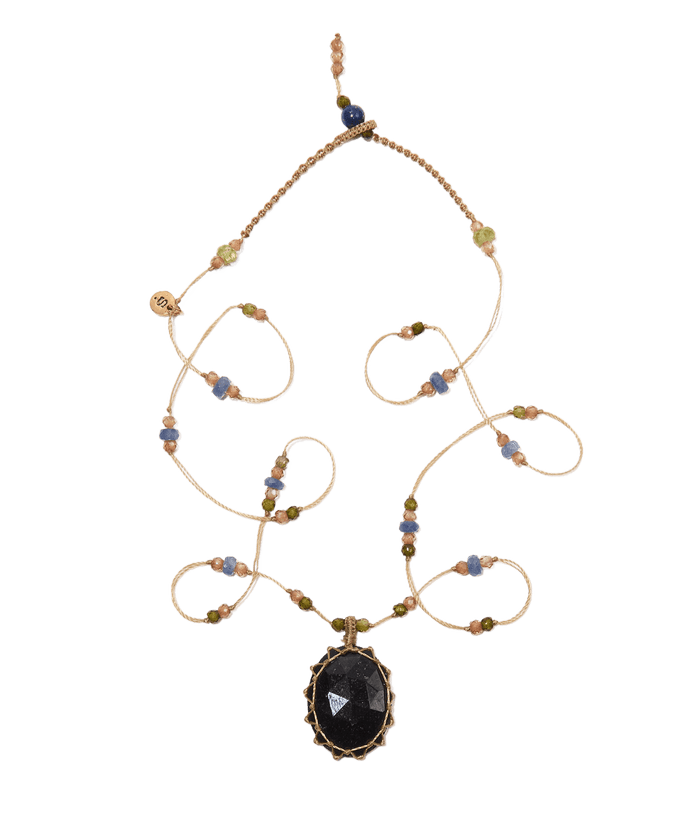 Halskette Court Tibétain - Black Tourmaline - Mix Saphir - Beige Faden