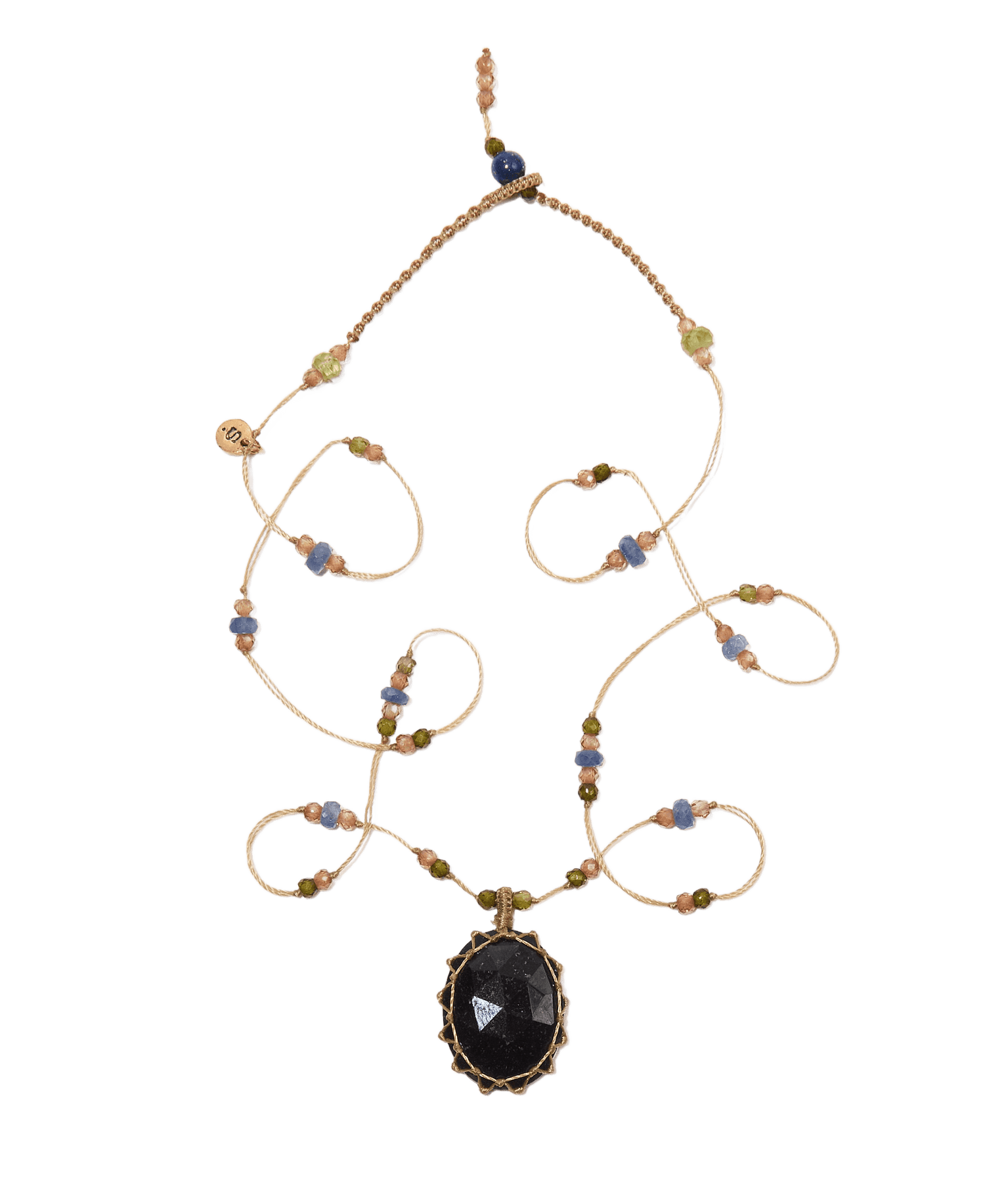 Collier Court Tibétain - Black Tourmaline - Mix Saphir - Fil Beige