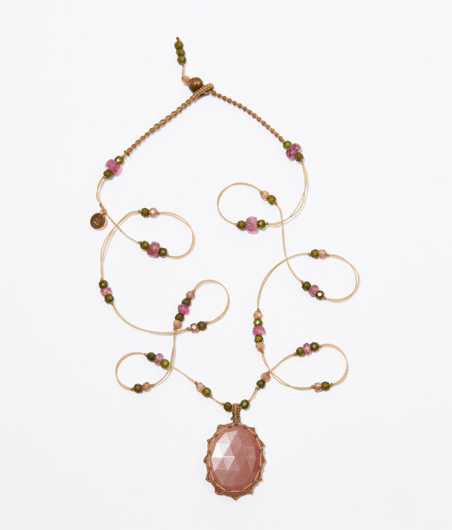 Collier Court Tibétain - Peach Moonstone - Mix Tourmaline Rose - Fil Beige