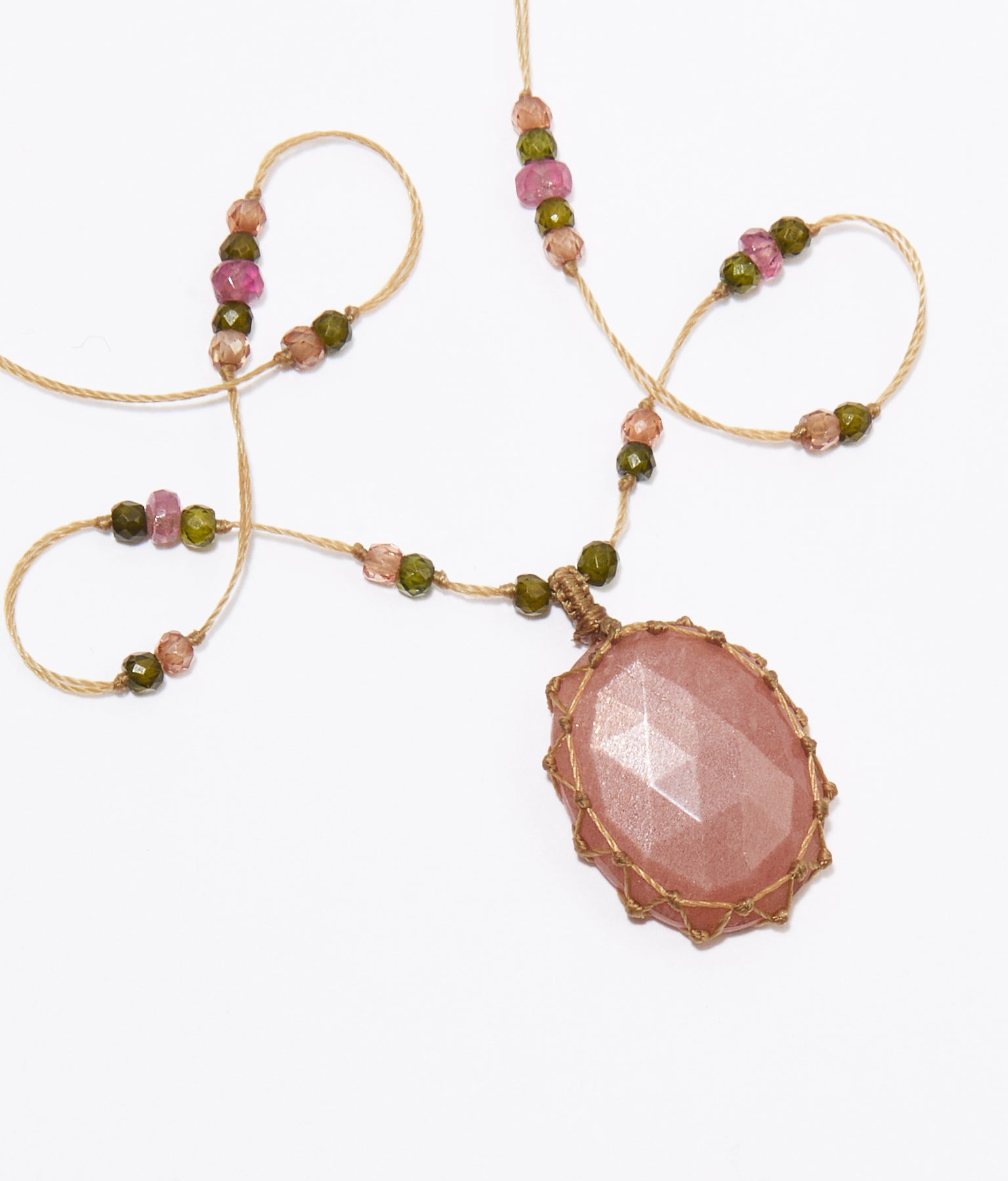 Collier Court Tibétain - Peach Moonstone - Mix Tourmaline Rose - Fil Beige