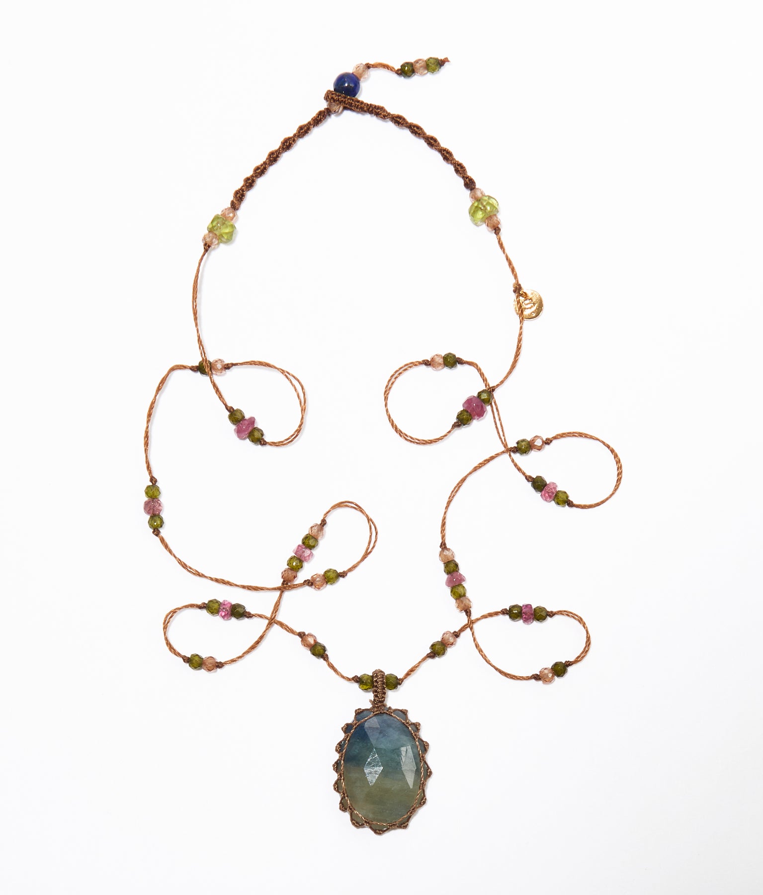 Tibetan Short Necklace - Blue Corundum - Emerald Mix - Tobacco Thread