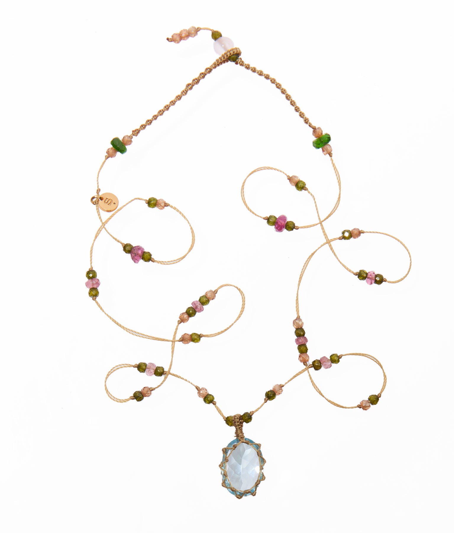 Collier Court Tibétain - Topaze Bleue - Mix Tourmaline Rose - Fil Beige